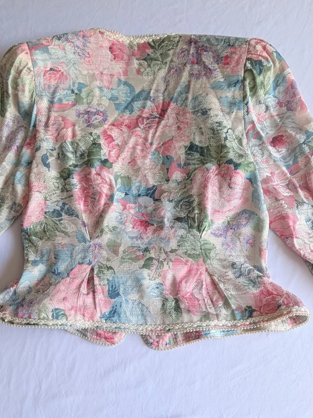 80s Vintage Coquette Floral Pastel Peplum Jacket With Pearls Pink/Blue/Green - Picture 5 of 8